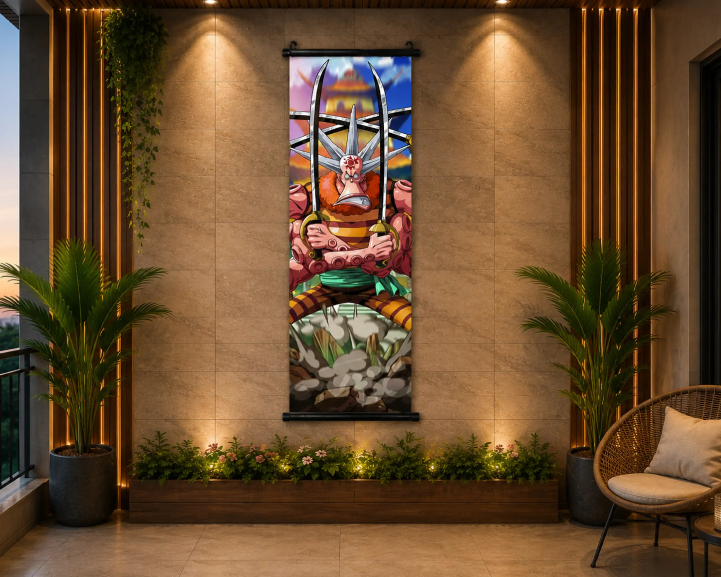 A vertical wall scroll art print featuring a colorful anime-style character with long metallic horns, mounted on a beige stone wall in a modern, well-lit interior with potted plants and a woven chair.