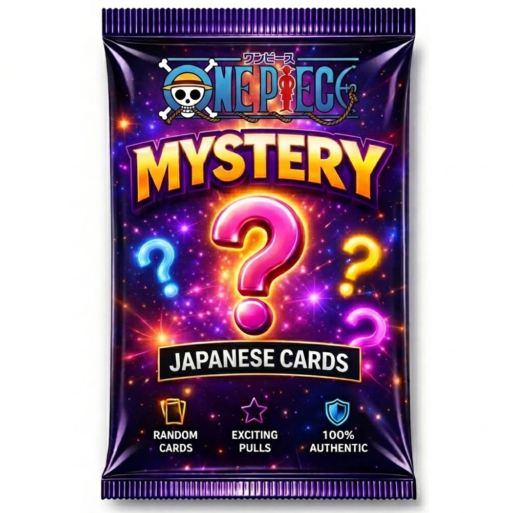 One Piece mystery card pack with colorful design and question marks on a white background