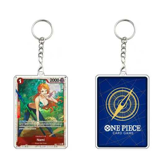 Two One Piece Card Game acrylic keychains shown side by side on a white background. The left keychain features an illustrated character card with a silver key ring and chain.