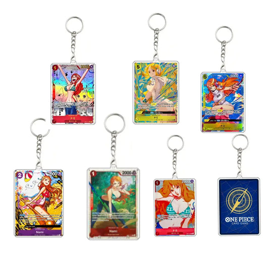 Seven anime and manga keychains featuring characters from Naruto, One Piece, and Yu-Gi-Oh!, displayed on a clean white background.