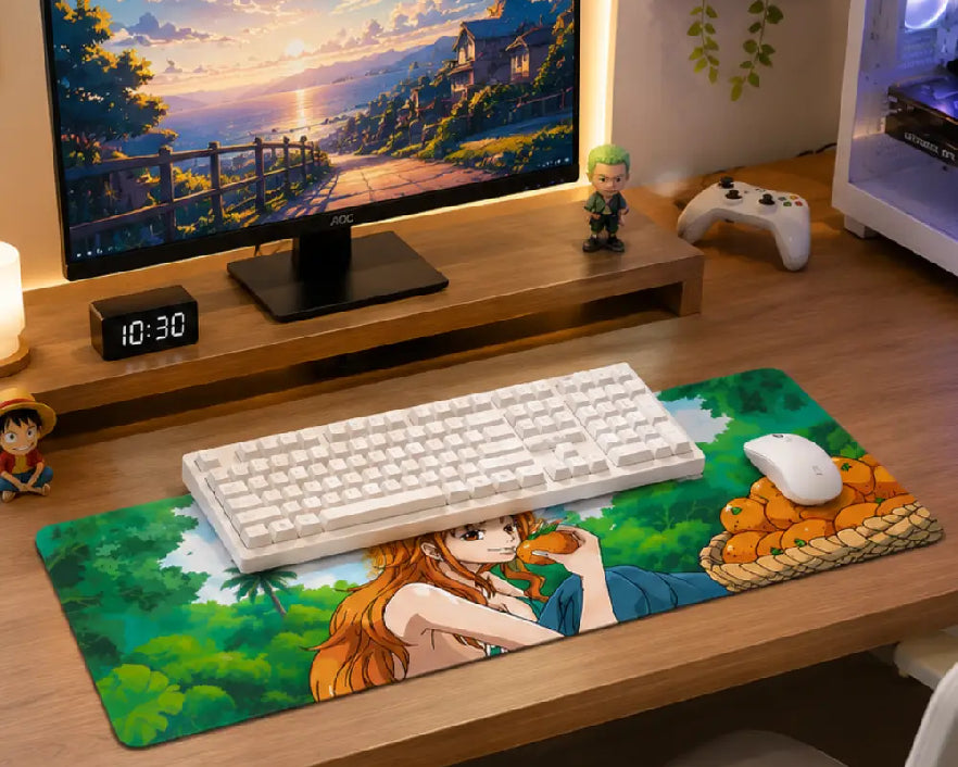 A large printed desk mat with an anime-style illustration sits on a wooden desk, styled with a white keyboard and mouse. The desk setup also includes a monitor, keyboard stand, digital clock, and game controller in a modern home office environment.
