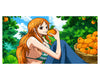 Anime-style illustration of a woman with long orange hair sitting in an orange grove, holding an orange near her face, with a basket of oranges on the right.