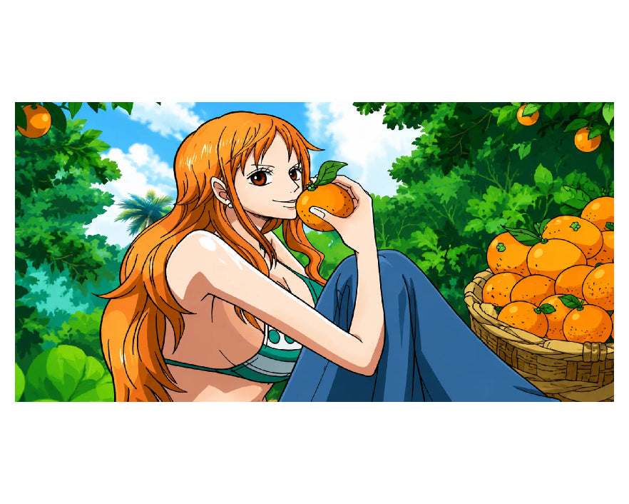 Anime-style illustration of a woman with long orange hair sitting in an orange grove, holding an orange near her face, with a basket of oranges on the right.
