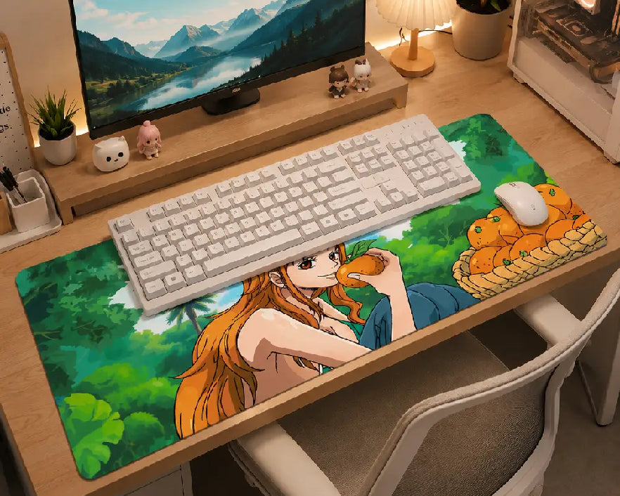 A large desk mat with a colorful anime-style illustration sits on a wooden desk, styled with a white keyboard and mouse. The desk setup is shown in a warm, cozy room environment with a monitor, lamp, and chair.