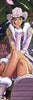 Anime-style illustration of a seated female character wearing a pale pink hat, white fur-trimmed coat, and tan outfit, with pink petals floating around her in a dark outdoor setting.