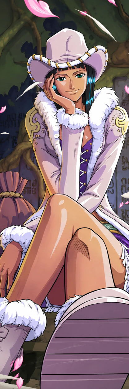 Anime-style illustration of a seated female character wearing a pale pink hat, white fur-trimmed coat, and tan outfit, with pink petals floating around her in a dark outdoor setting.