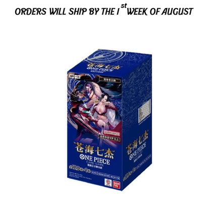 A blue One Piece trading card booster box with anime artwork on the front, shown on a white background with a black text banner at the top stating orders will ship by the 1st week of August.