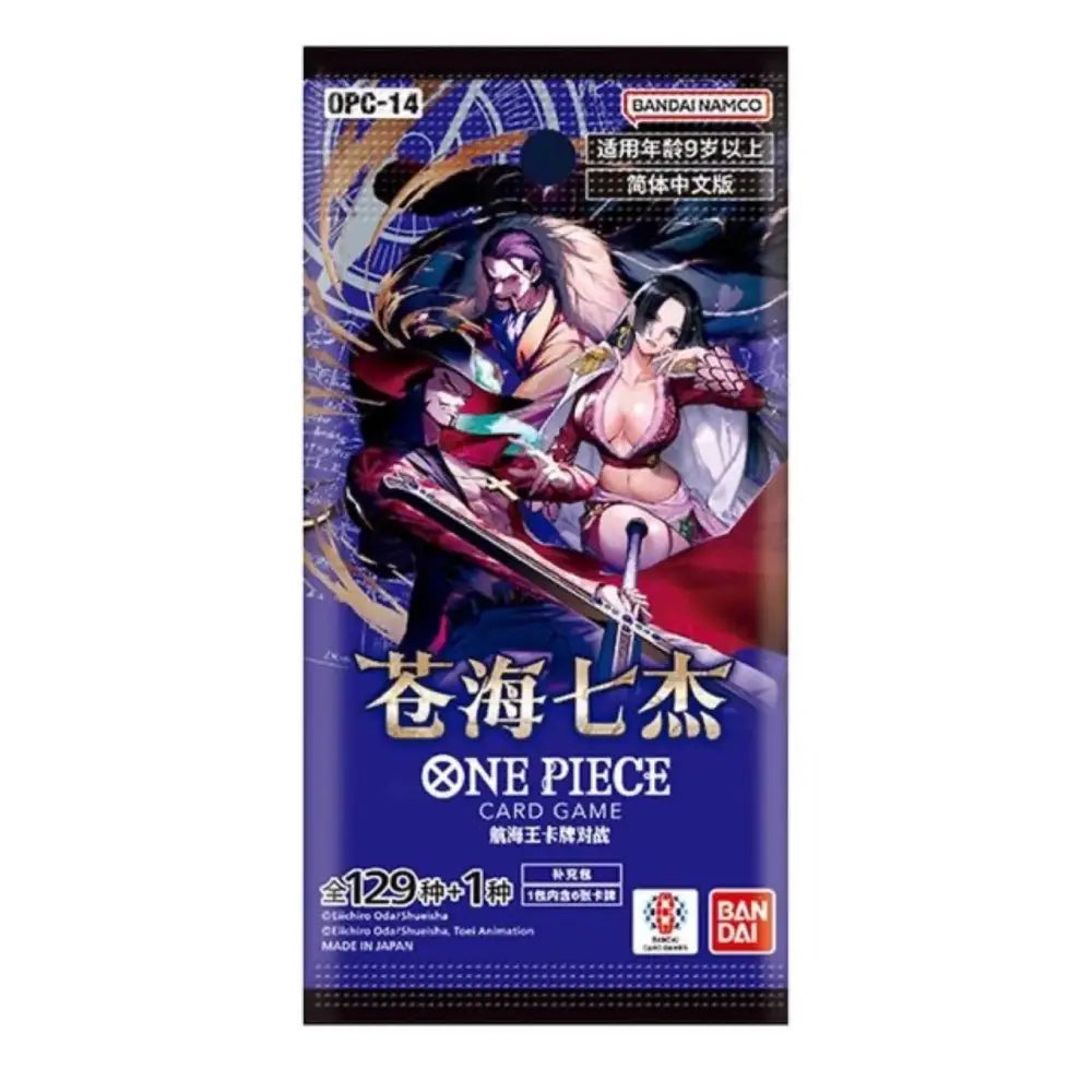 A Bandai Namco One Piece Card Game OPC-14 booster pack featuring anime artwork of Sanji and Charlotte Linlin on a dark blue background with gold and white text.