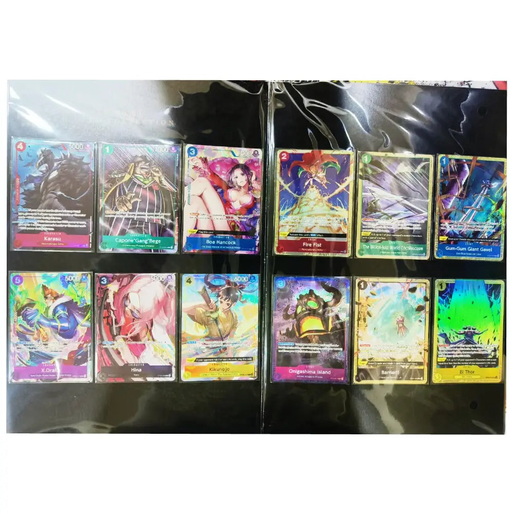 A set of 16 holographic trading cards arranged in two rows of eight inside a clear plastic protective sleeve, displayed against a black background.