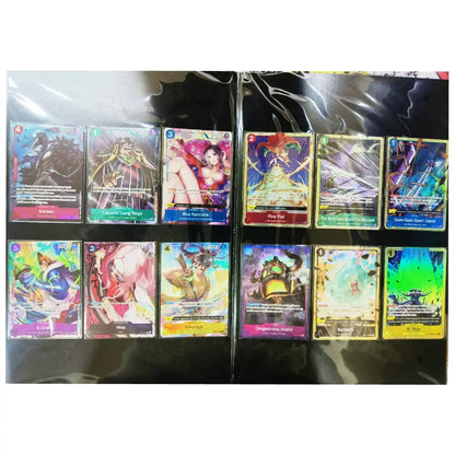 A set of 16 holographic trading cards arranged in two rows of eight inside a clear plastic protective sleeve, displayed against a black background.