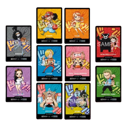 Collection of colorful trading cards featuring various characters with 'SAMPLE' text on a white background.
