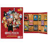 One Piece card game packaging with character illustrations on a red background