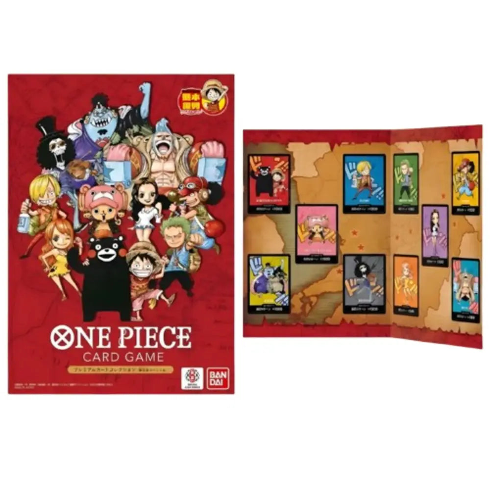 One Piece card game packaging with character illustrations on a red background