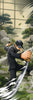 A stylized illustrated scene of a person in a black outfit and cap performing a sword motion in a garden courtyard with trees, rocks, and sliding screens. The image appears to be digital art rather than a straightforward product photo.