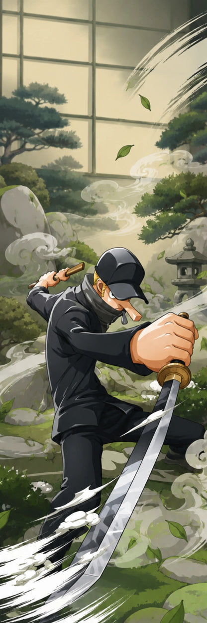 A stylized illustrated scene of a person in a black outfit and cap performing a sword motion in a garden courtyard with trees, rocks, and sliding screens. The image appears to be digital art rather than a straightforward product photo.