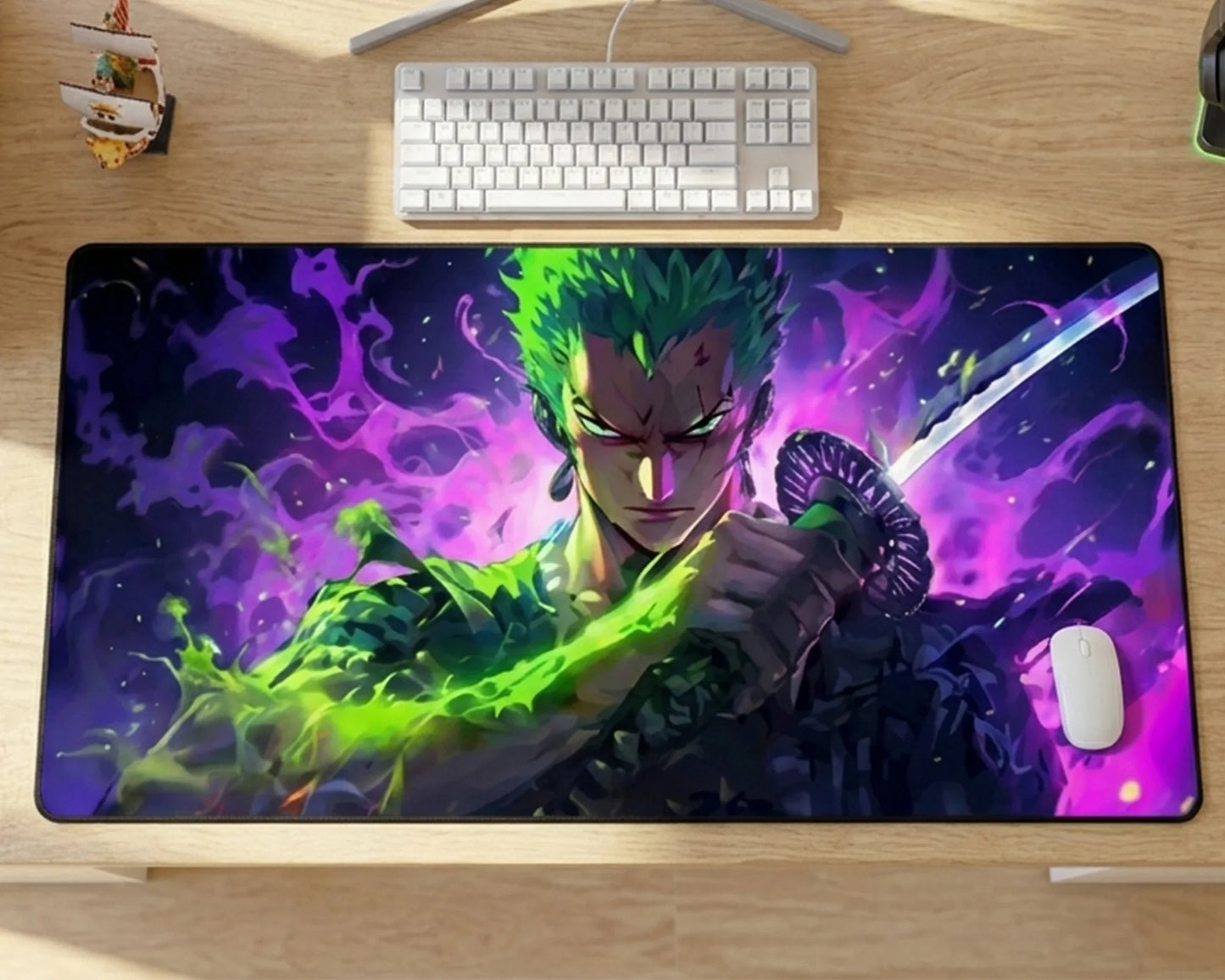 One Piece Roronoa Zoro Neon Aura Gaming Mousepad Anime Desk Mat Green Purple Energy Sword Design XL - PokeTCG