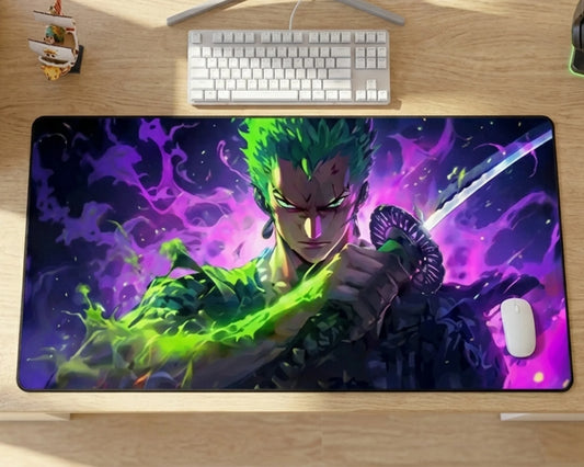 One Piece Roronoa Zoro Neon Aura Gaming Mousepad Anime Desk Mat Green Purple Energy Sword Design XL - PokeTCG