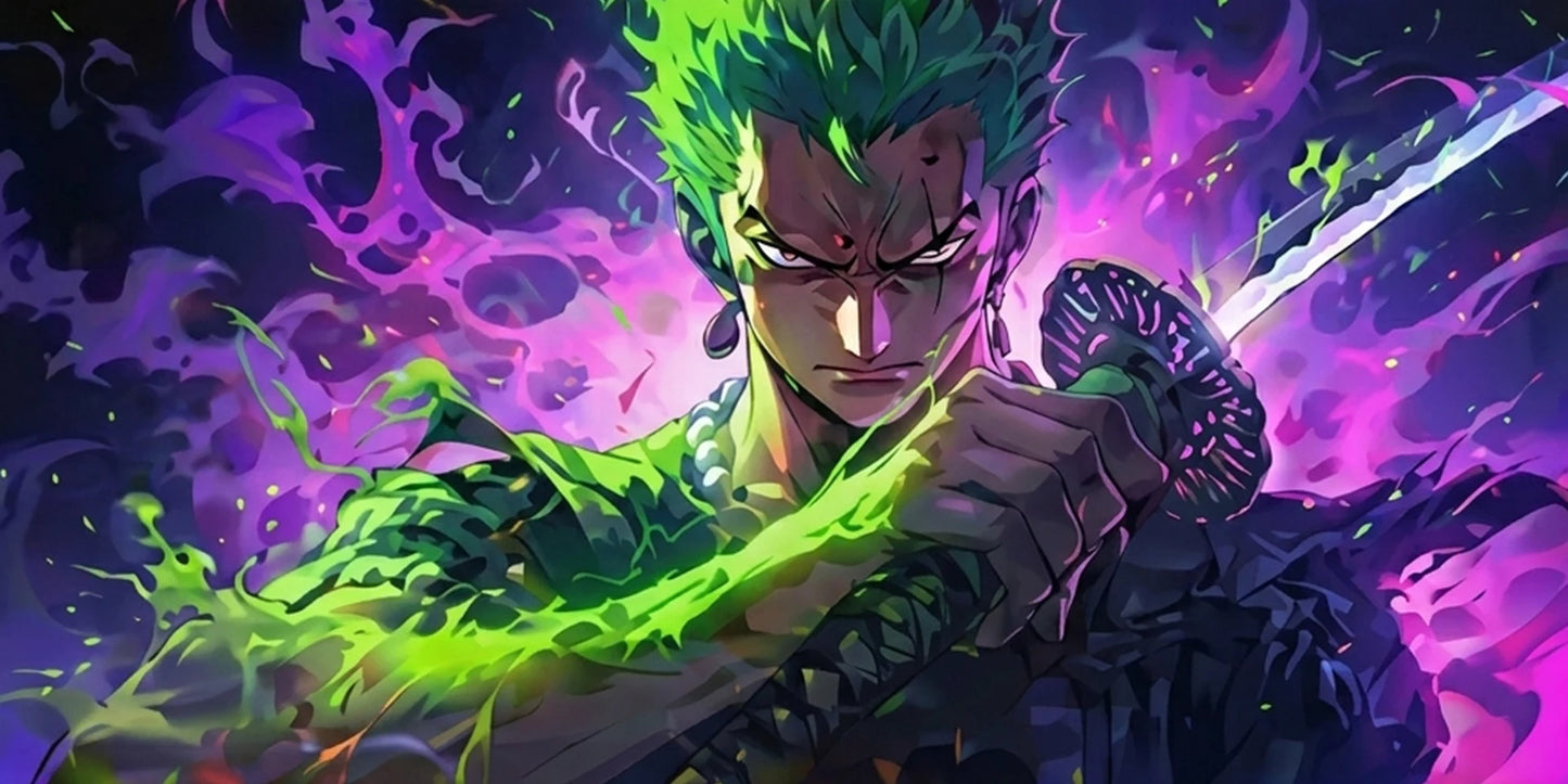 One Piece Roronoa Zoro Neon Aura Gaming Mousepad Anime Desk Mat Green Purple Energy Sword Design XL - PokeTCG