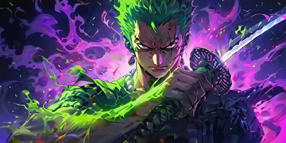 One Piece Roronoa Zoro Neon Aura Gaming Mousepad Anime Desk Mat Green Purple Energy Sword Design XL - PokeTCG