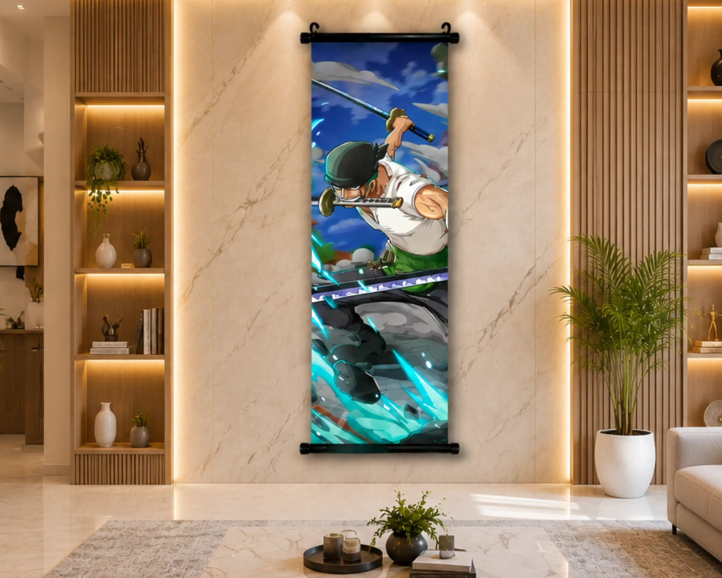 A vertical anime wall scroll featuring Roronoa Zoro from One Piece, displayed hanging on a beige marble wall in a modern, well-lit living room with built-in wooden shelves and plants.