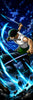 Anime-style artwork of a male warrior in a white sleeveless top, green pants, and a black hat, holding a sword while surrounded by glowing blue energy trails against a starry night sky.
