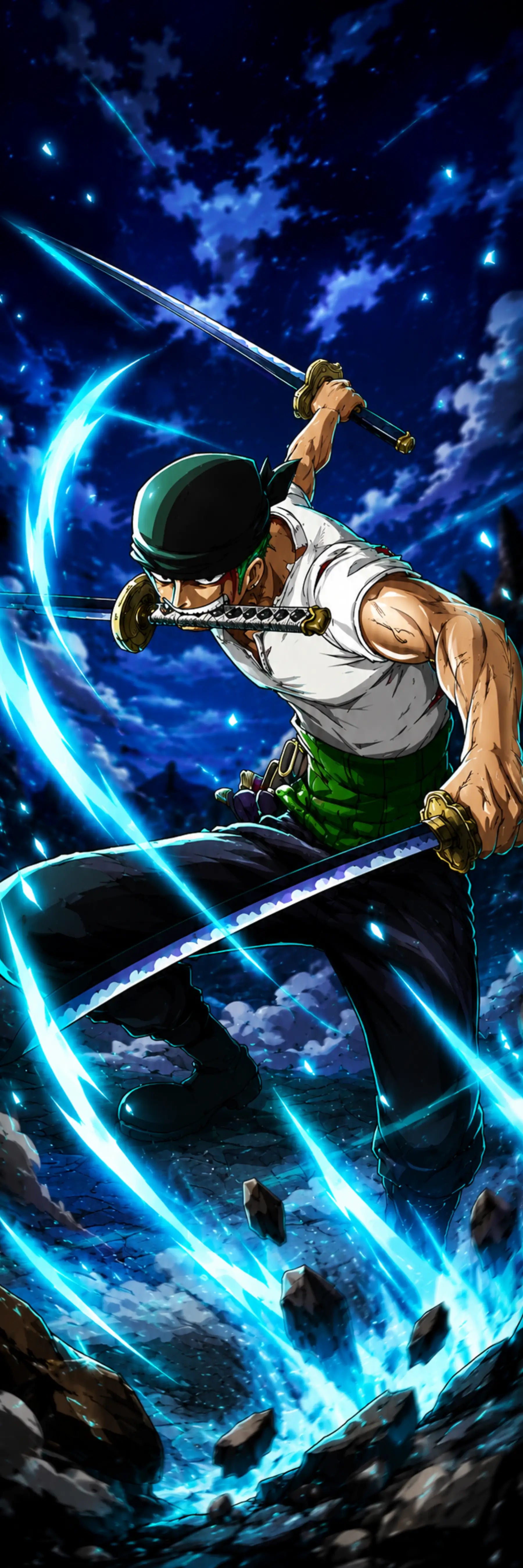 Anime-style artwork of a male warrior in a white sleeveless top, green pants, and a black hat, holding a sword while surrounded by glowing blue energy trails against a starry night sky.