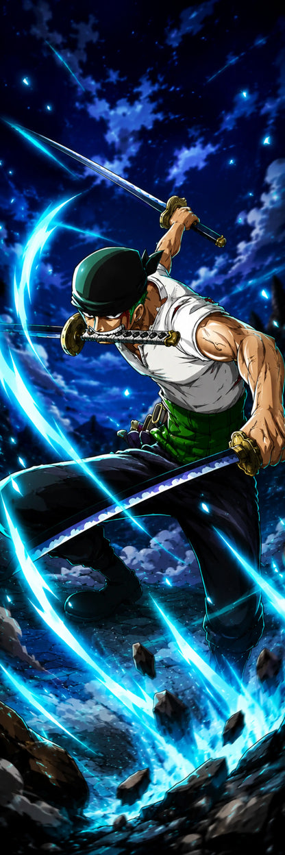 Anime-style artwork of a male warrior in a white sleeveless top, green pants, and a black hat, holding a sword while surrounded by glowing blue energy trails against a starry night sky.