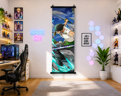 A vertical anime wall scroll poster featuring Roronoa Zoro from One Piece, displayed in a modern, well-lit gaming room with a desk, chair, shelves, and decorative lights.