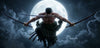 Roro Nola from One Piece floating in mid-air against a giant full moon, holding two swords outstretched from her back, with dark clouds surrounding her.