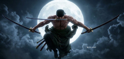 Roro Nola from One Piece floating in mid-air against a giant full moon, holding two swords outstretched from her back, with dark clouds surrounding her.
