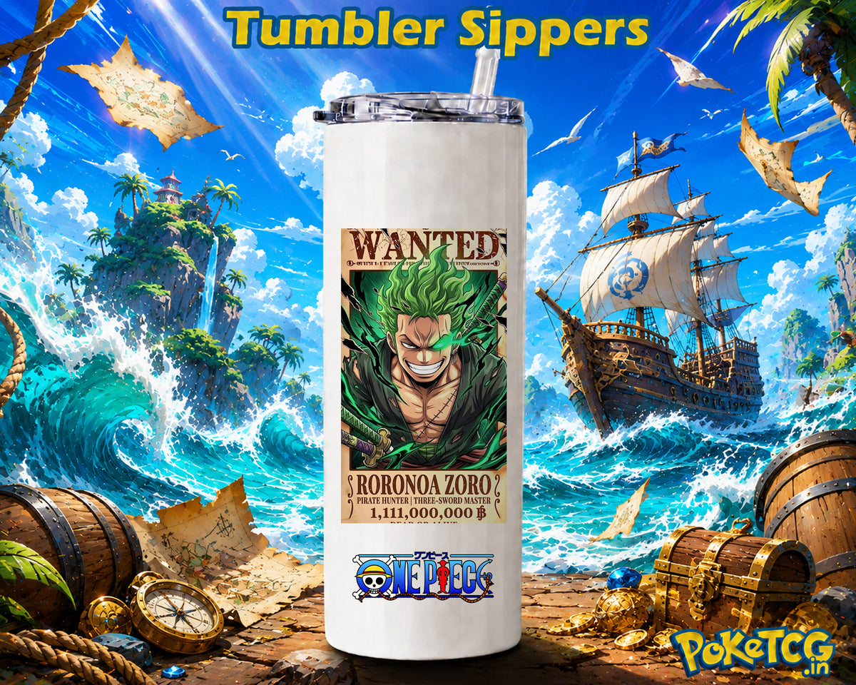 A white insulated tumbler with a clear lid and straw, featuring a One Piece anime graphic of Roronoa Zoro on the front, set against a vibrant pirate-themed ocean background with a ship, treasure, and waves. The text 'Tumbler Sippers' is at the top, and the 'PoketCG' logo is in the bottom right corner.