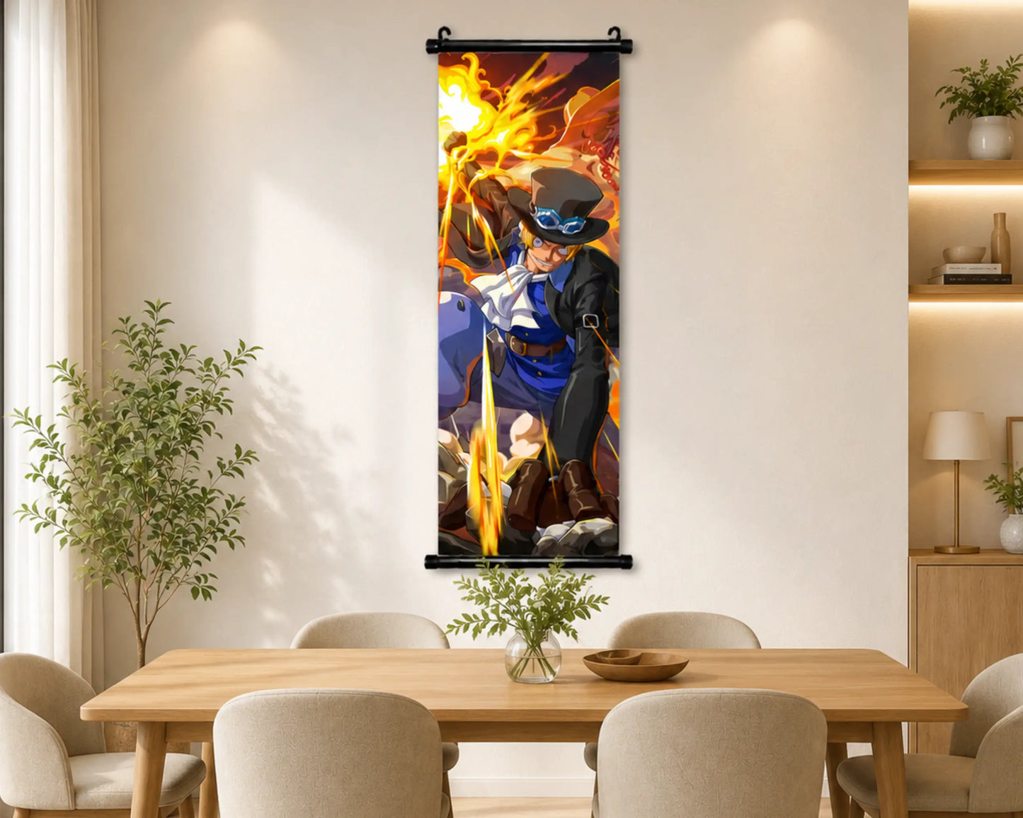 A vertical wall scroll art print featuring an anime-style character with fiery hair, displayed on a beige wall in a modern dining room setting with a wooden table and chairs.