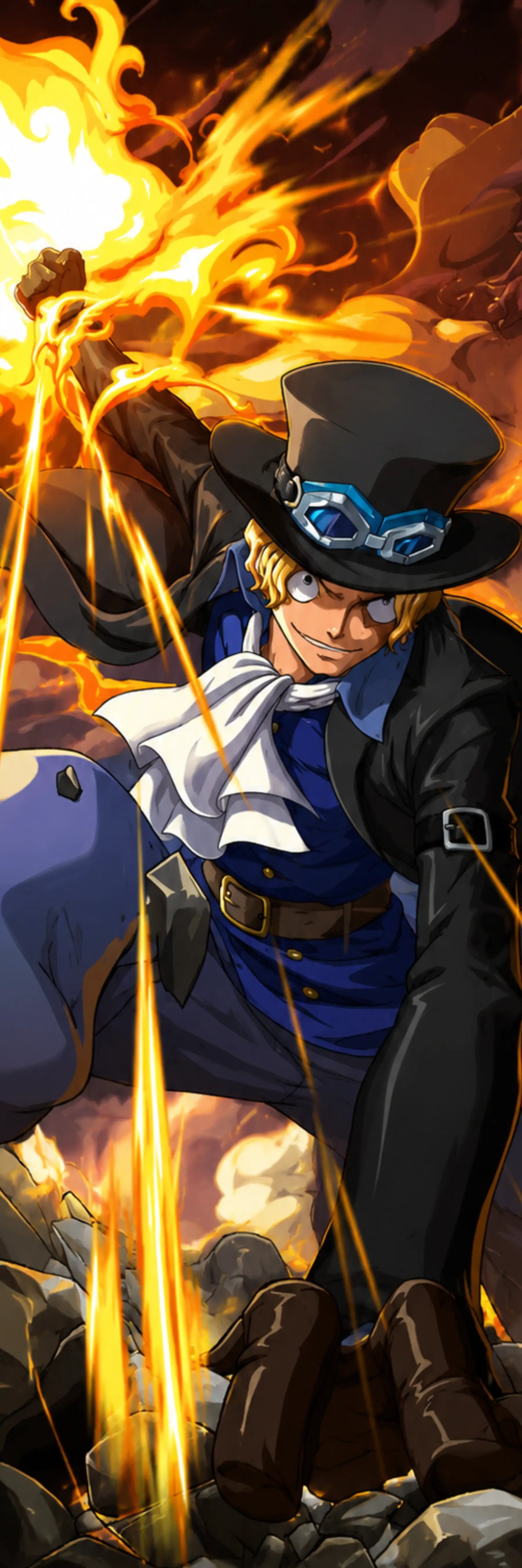 A stylized illustrated character in a black top hat and coat, blue vest, and white neck scarf, surrounded by dramatic orange flames and glowing yellow energy lines. The artwork appears to be digital art rather than a standard product photo.