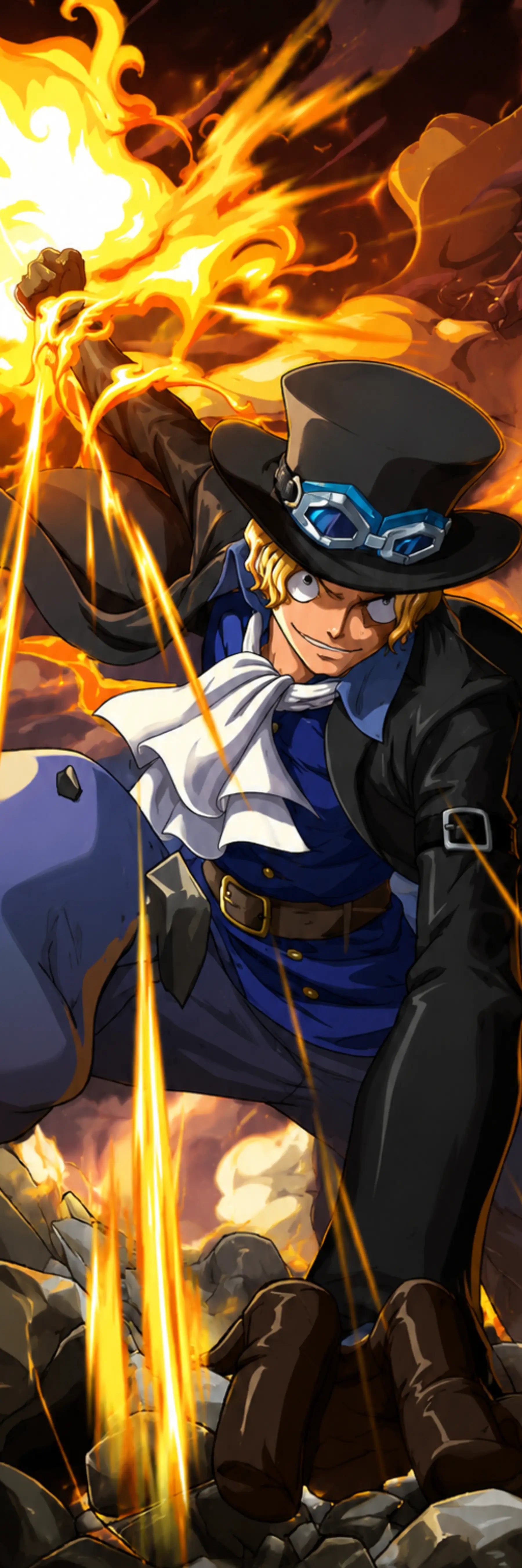 A stylized illustrated character in a black top hat and coat, blue vest, and white neck scarf, surrounded by dramatic orange flames and glowing yellow energy lines. The artwork appears to be digital art rather than a standard product photo.