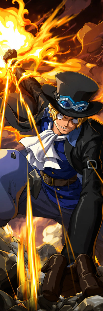A stylized illustrated character in a black top hat and coat, blue vest, and white neck scarf, surrounded by dramatic orange flames and glowing yellow energy lines. The artwork appears to be digital art rather than a standard product photo.