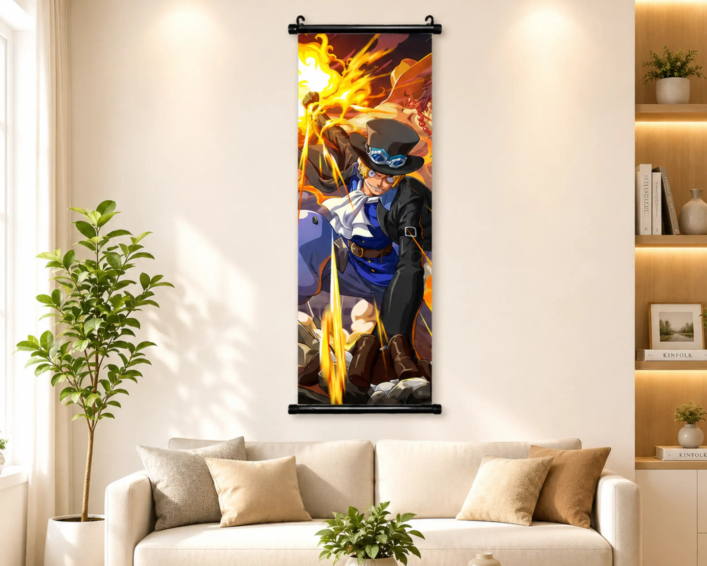 A vertical wall scroll poster featuring an anime-style illustration of a character with glowing yellow energy, displayed on a beige wall above a white sofa in a modern living room setting.