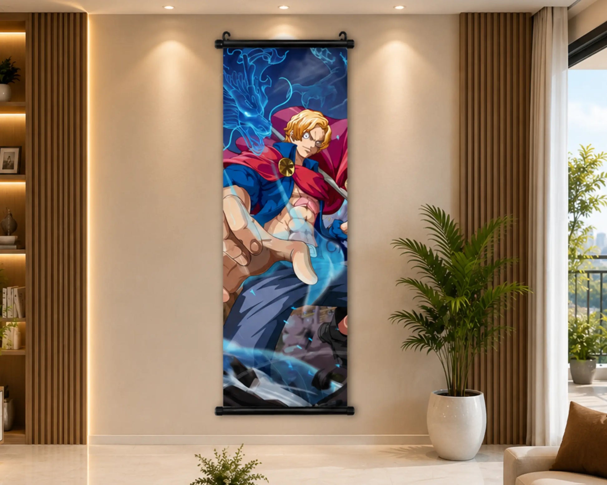 A large vertical anime wall scroll featuring a blond character in a blue and red outfit with dynamic blue energy effects, displayed on a beige wall in a modern living room setting with a potted plant and shelving.