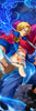 Anime-style artwork of a blond male character in a blue and red outfit with a gold medallion, surrounded by glowing blue energy effects against a dark background.