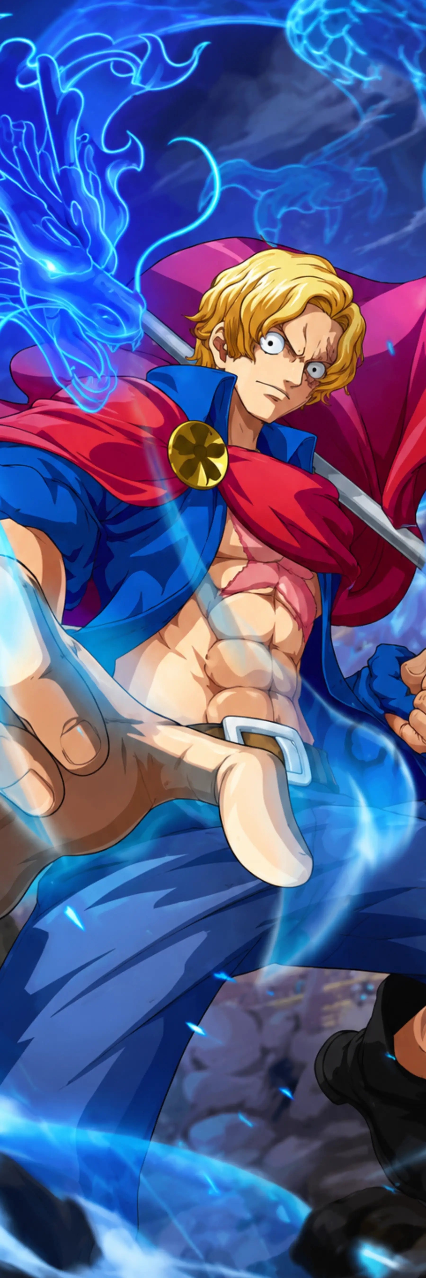 Anime-style artwork of a blond male character in a blue and red outfit with a gold medallion, surrounded by glowing blue energy effects against a dark background.
