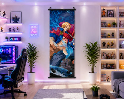 A large vertical wall scroll poster featuring a colorful anime-style illustration of a blonde female character in a red cape, displayed in a modern, well-lit gaming room with shelves, plants, and a desk.