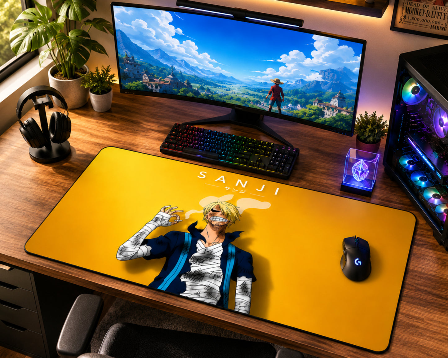 A large yellow desk mat featuring the character Sanji from One Piece, styled on a wooden desk in a gaming setup alongside a curved monitor, keyboard, mouse, headphones, and PC tower.