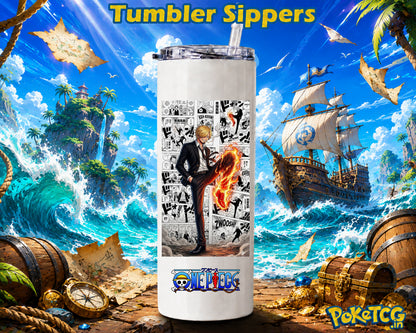 White tumbler sipper featuring Sanji from One Piece with a fiery leg attack and manga-style black-and-white background, displayed against a tropical pirate-themed ocean scene.
