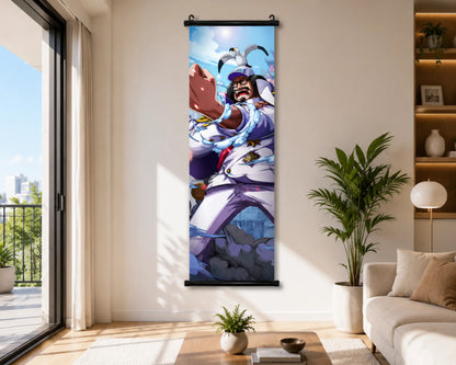 A vertical wall scroll poster featuring an anime-style character in a white and purple outfit, displayed on a beige wall in a modern living room setting with a sofa, potted plant, and large window.