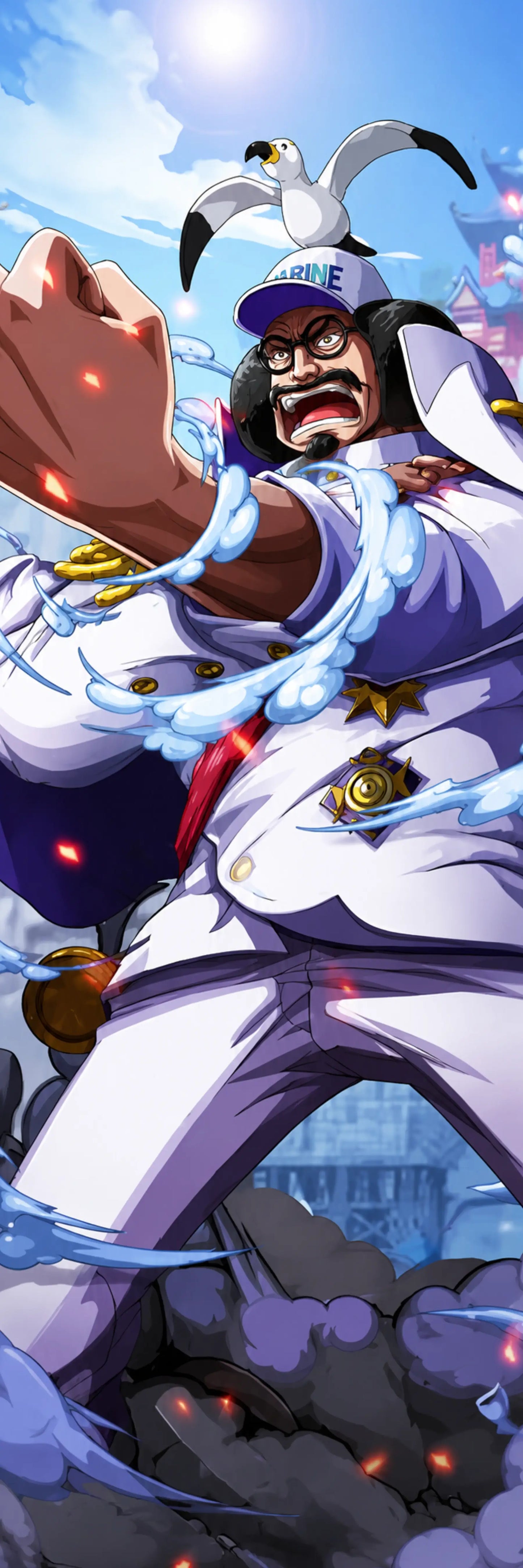 A stylized illustrated character in a white and purple outfit with a blue cap, surrounded by blue energy effects and set against a bright sky background. The image appears heavily edited or AI-generated, with distorted anatomy, unnatural lighting, and a blurred central face area.