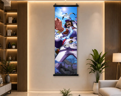 A vertical wall scroll poster featuring an anime character in a white and purple outfit with blue energy effects, displayed in a modern living room setting with wood slat walls, a shelf, and a plant.