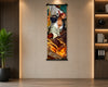 A vertical wall scroll art print featuring an anime-style illustration of a red-haired woman in a white top and dark jacket, displayed on a beige wall in a modern interior setting with a plant and shelving.