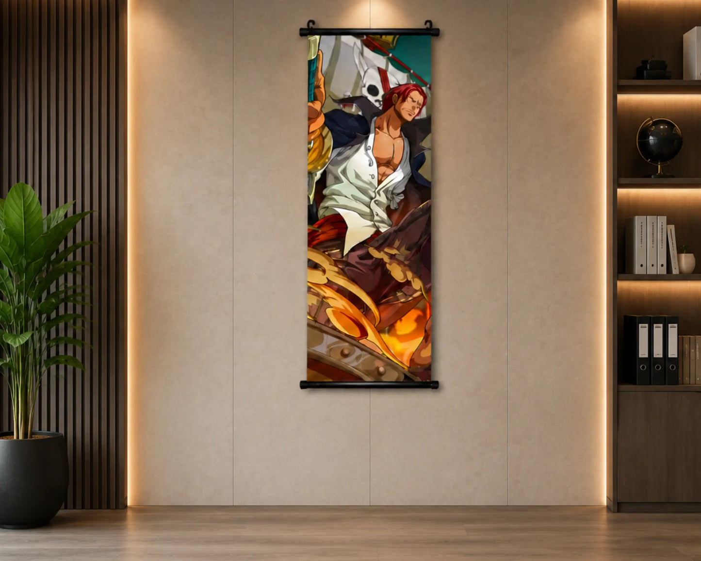 A vertical wall scroll art print featuring an anime-style illustration of a red-haired woman in a white top and dark jacket, displayed on a beige wall in a modern interior setting with a plant and shelving.
