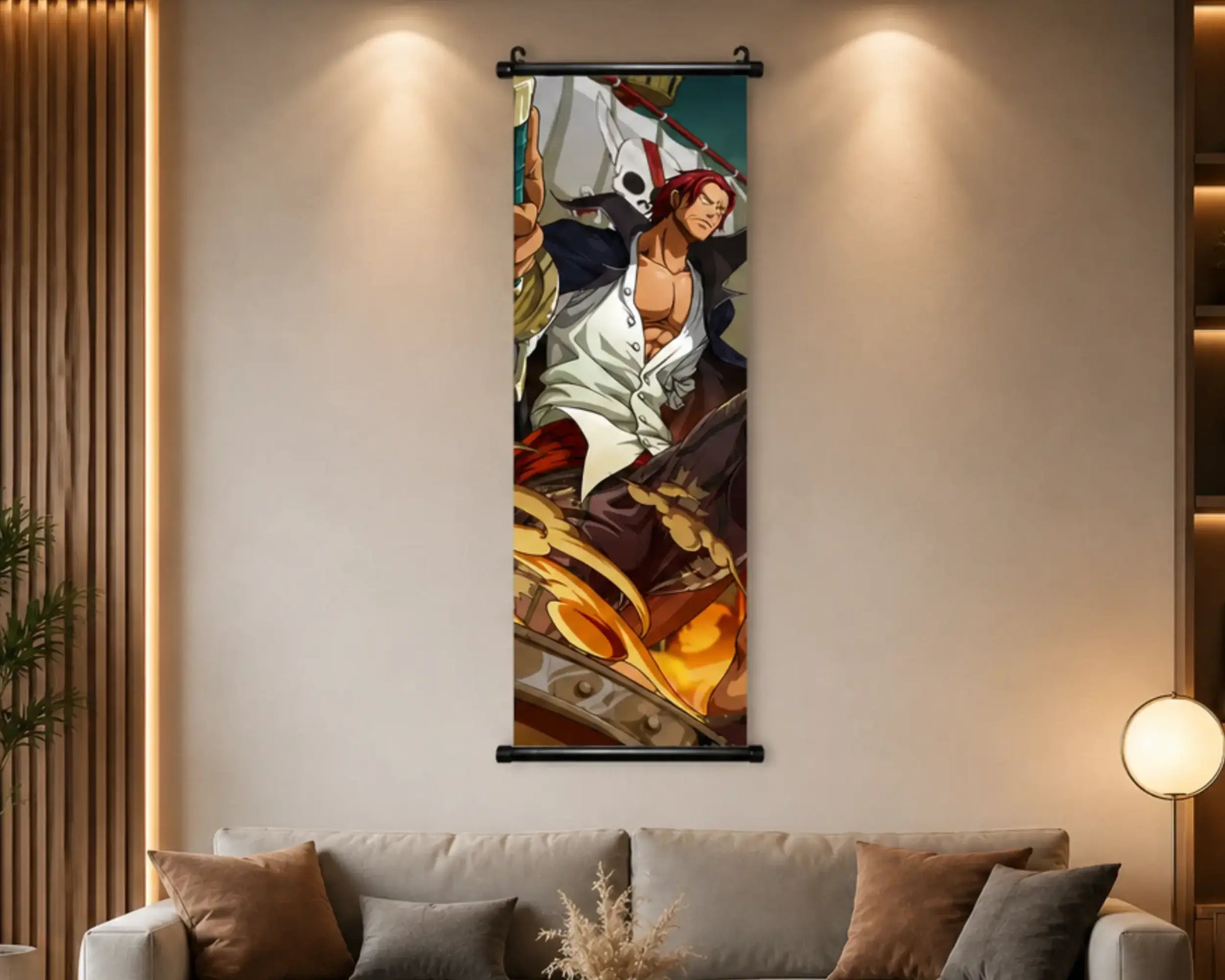A vertical anime-style wall scroll art print featuring characters from Attack on Titan, hanging on a beige wall above a gray sofa in a modern living room setting with warm lighting.