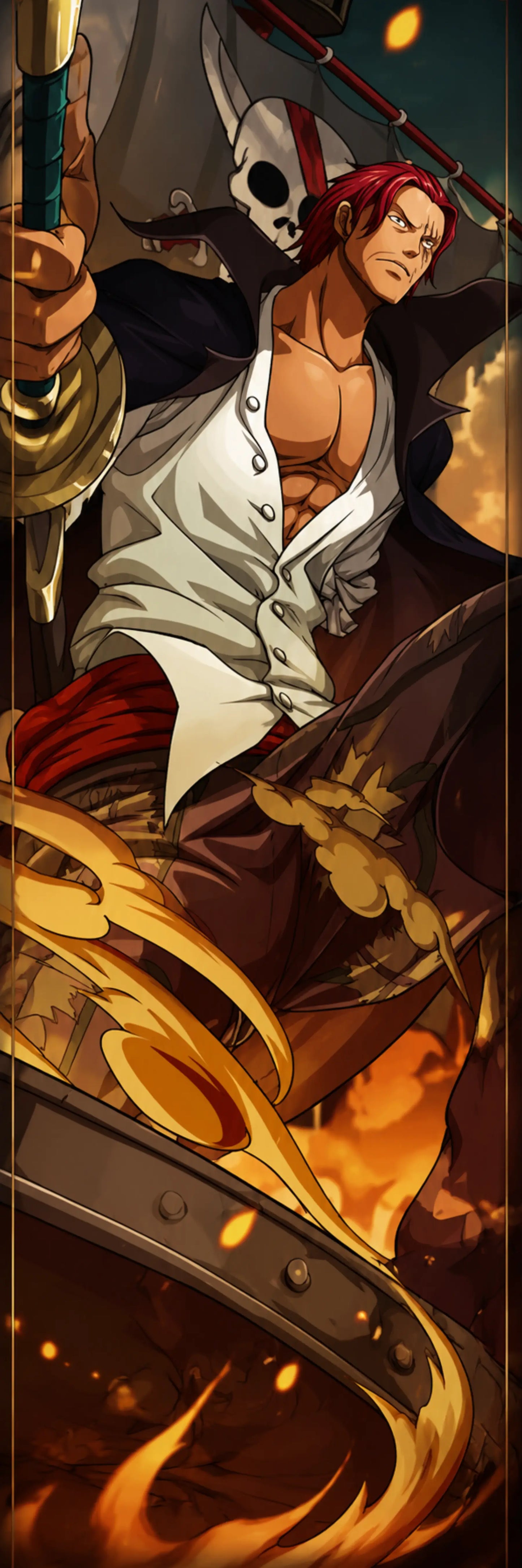 An anime-style illustrated character portrait showing a red-haired man in an open white coat with a dark jacket, seated in a dramatic scene with flames, a skull motif, and a large curved metallic object in the foreground.