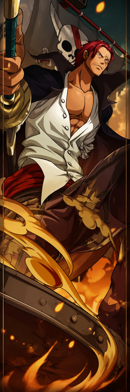 An anime-style illustrated character portrait showing a red-haired man in an open white coat with a dark jacket, seated in a dramatic scene with flames, a skull motif, and a large curved metallic object in the foreground.
